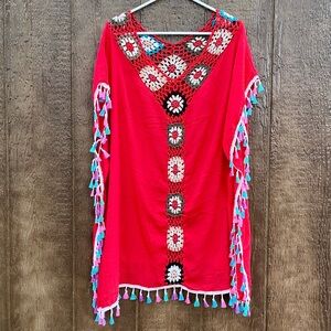 New Red Crochet & Tassel Beach Swimsuit Cover-up, Caftan